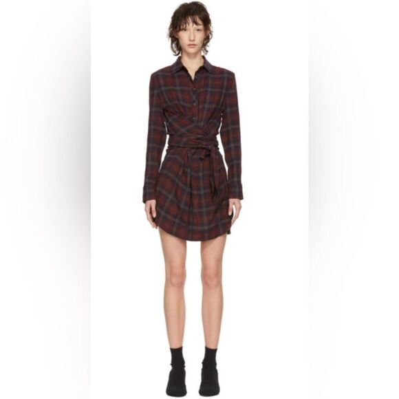 Rag & Bone Felicity Plaid Tie Waist Shirt Dress Burgundy Academia Size M - Picture 10 of 10